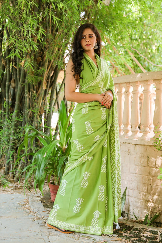Green buta cotton mulmul saree