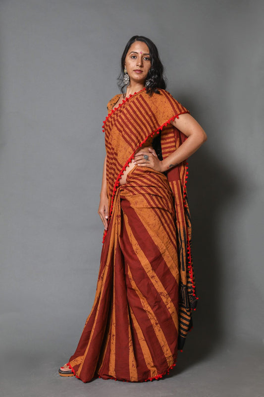 Pompom Lace Mulmul Cotton Saree (Brown)