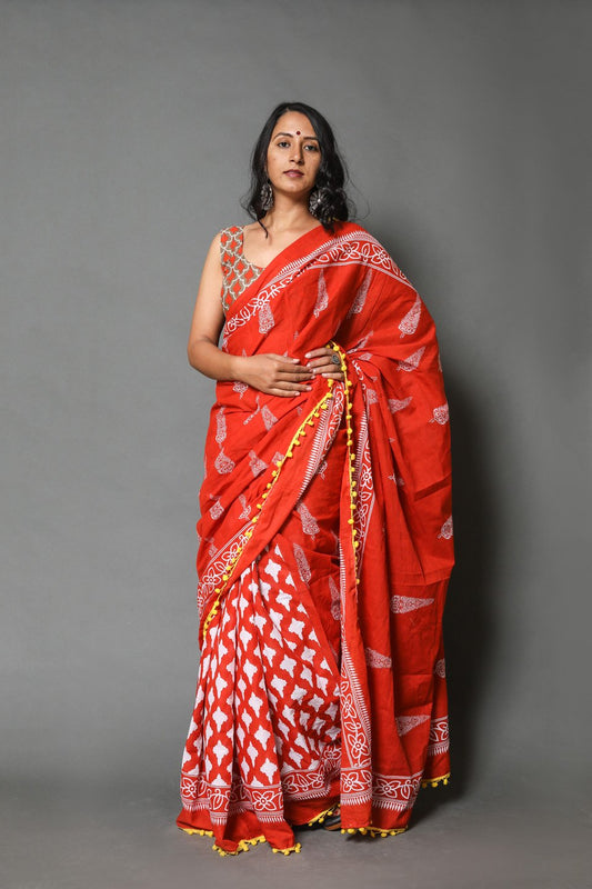 Pompom Lace Mulmul Cotton Saree (Red)
