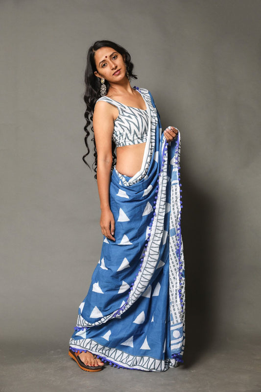 Pompom Lace Mulmul Cotton Saree (Blue)