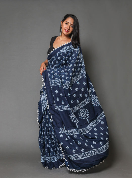 Pompom Lace Mulmul Cotton Saree (Navy Blue)