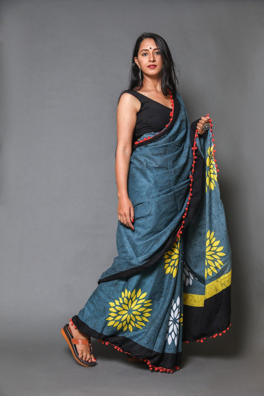 Pompom Lace Mulmul Cotton Saree (Floral Print)