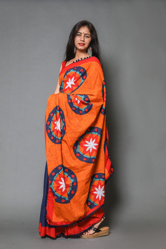 Pompom Lace Mulmul Cotton Saree (Orange)