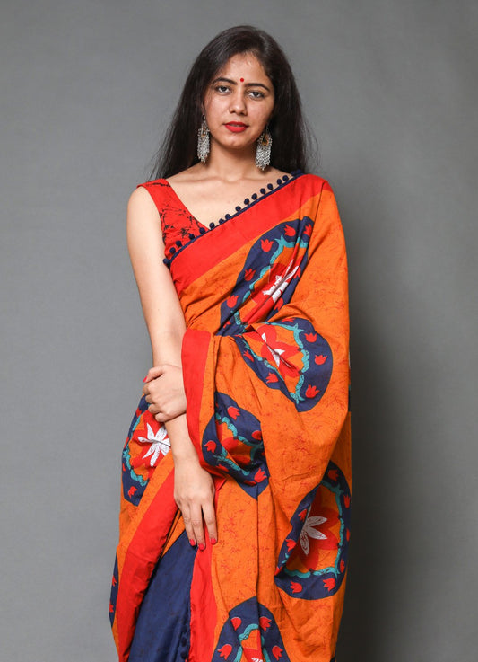 Pompom Lace Mulmul Cotton Saree (Orange)
