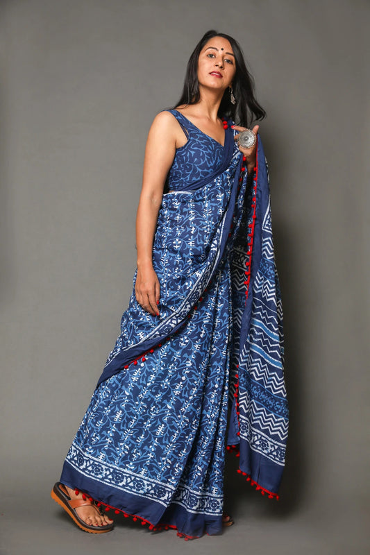 Pompom Lace Jaipuri Print Pure Soft Cotton Mulmul Saree With Blouse Piece