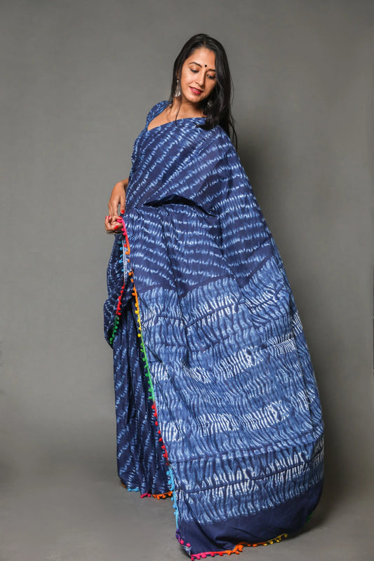 Pompom Lace Jaipuri Print Pure Soft Cotton Mulmul Saree With Blouse Piece