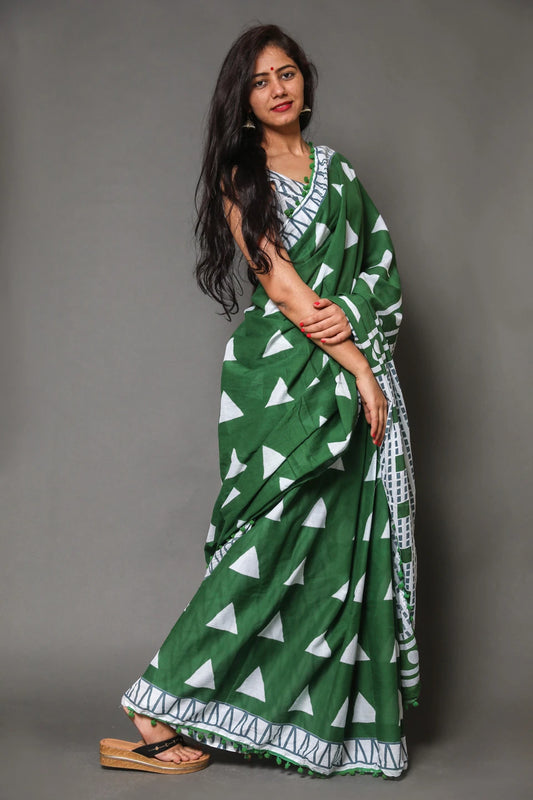 Pompom Lace Jaipuri Print Pure Soft Cotton Mulmul Saree With Blouse Piece