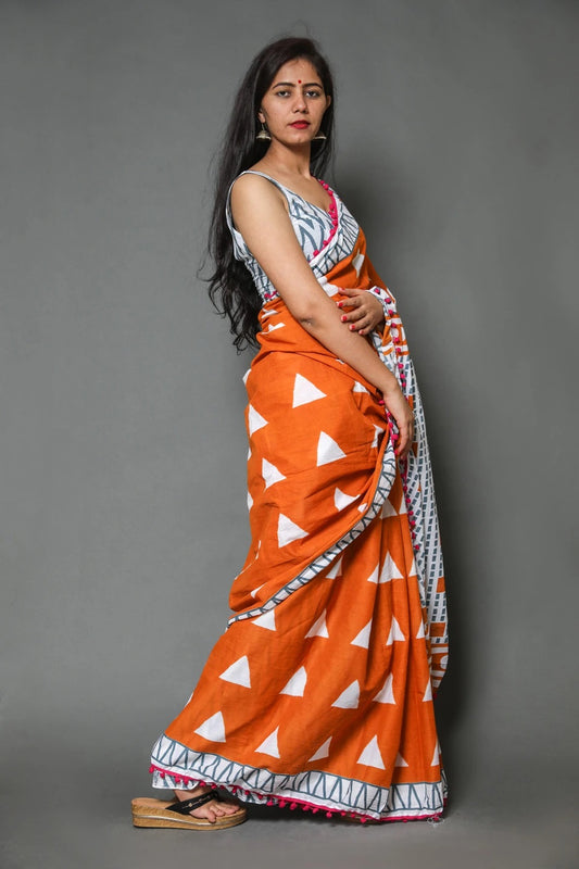 Pompom Lace Jaipuri Print Pure Soft Cotton Mulmul Saree With Blouse Piece (Orange)