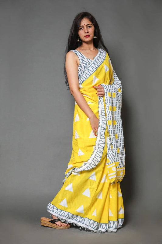 Pompom Lace Yellow Triangle Jaipuri/Bagru Print Pure Soft Cotton Mulmul Saree With Blouse Piece