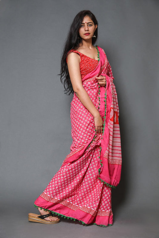 Pompom Lace Pink Buti Jaipuri/Bagru Print Pure Soft Cotton Mulmul Saree With Blouse Piece