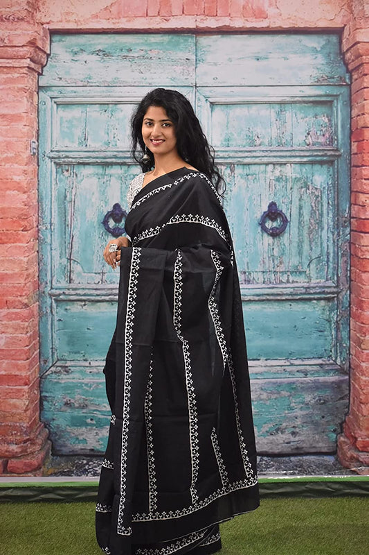 jaipuri, bagru hand block print pure soft cotton mulmul saree with blouse piece (Black)