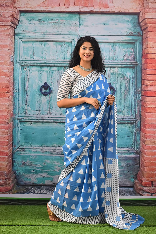 Pompom Lace Blue Triangle Jaipuri Print Pure Soft Cotton Mulmul Saree With Blouse Piece