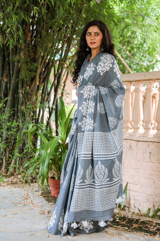Grey buti mulmul saree