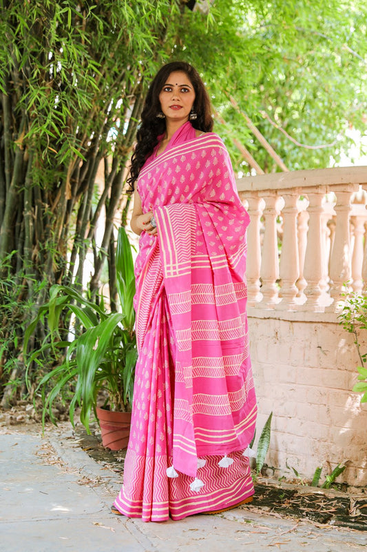 Pink buta mulmul saree