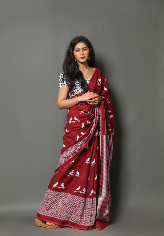 Maroon buta cotton mulmul saree