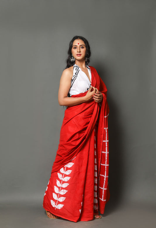 Red buta cotton mulmul saree