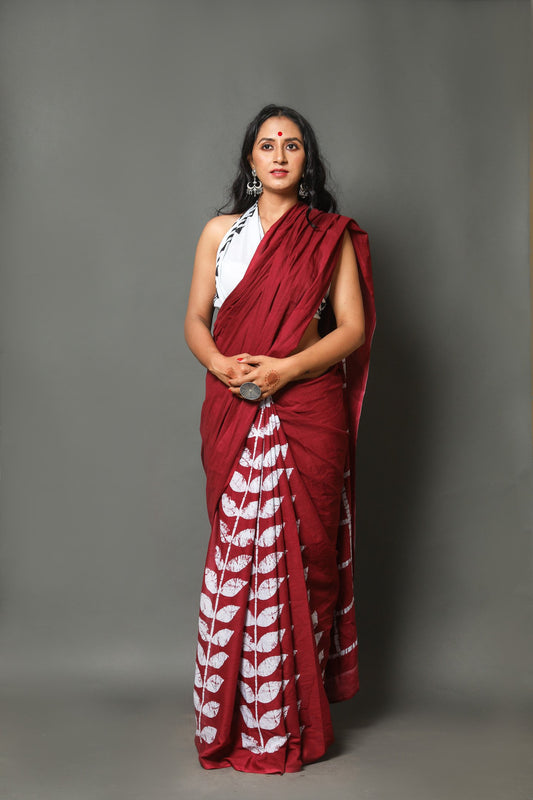 Maroon buta cotton mulmul saree