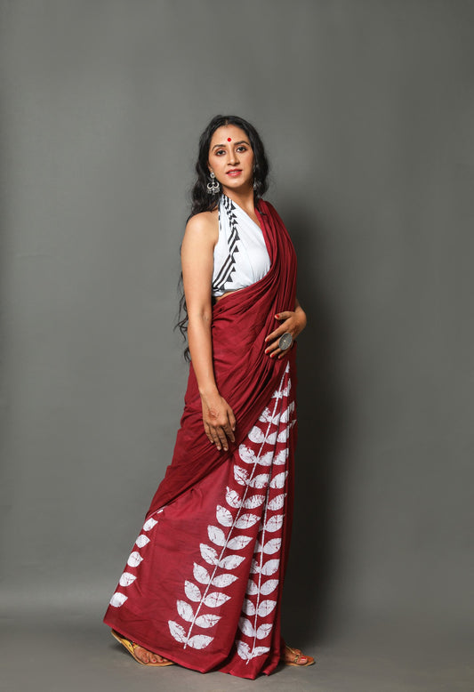 Maroon buta cotton mulmul saree
