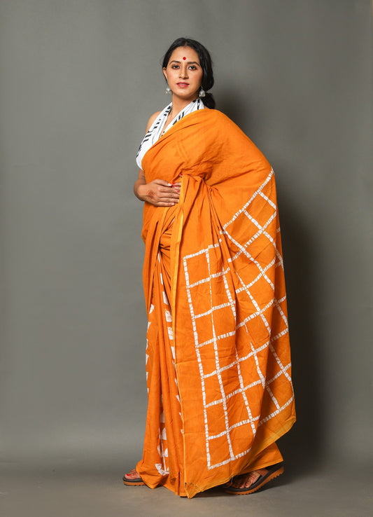 Orange Cotton Mumul Saree With Blouse Piece