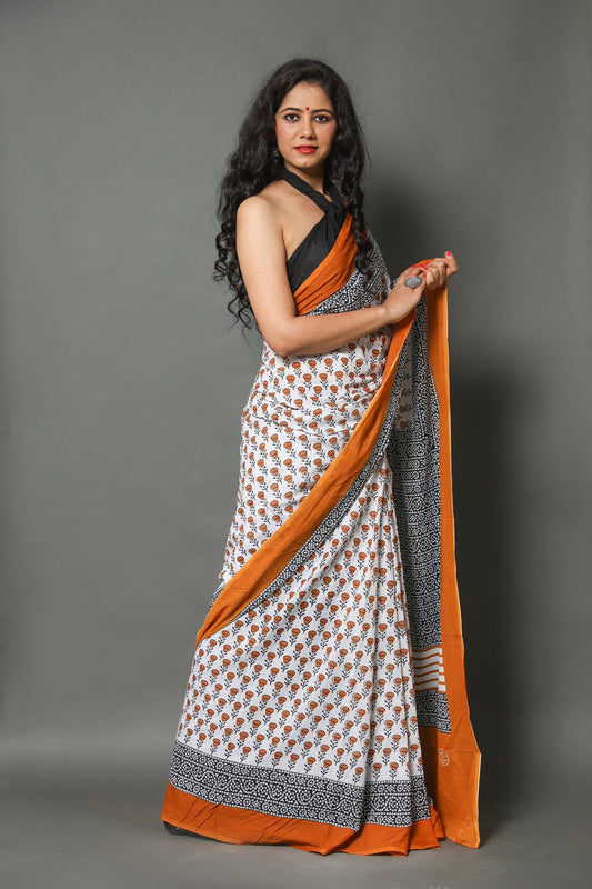 Printed Cotton Mulmul Saree With Blouse Piece