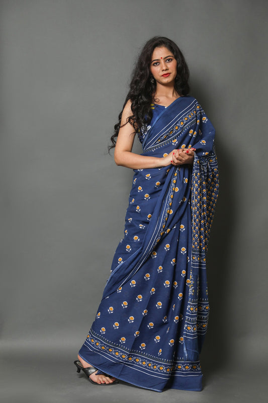 Blue Printed Cotton Mulmul Saree With Blouse Piece