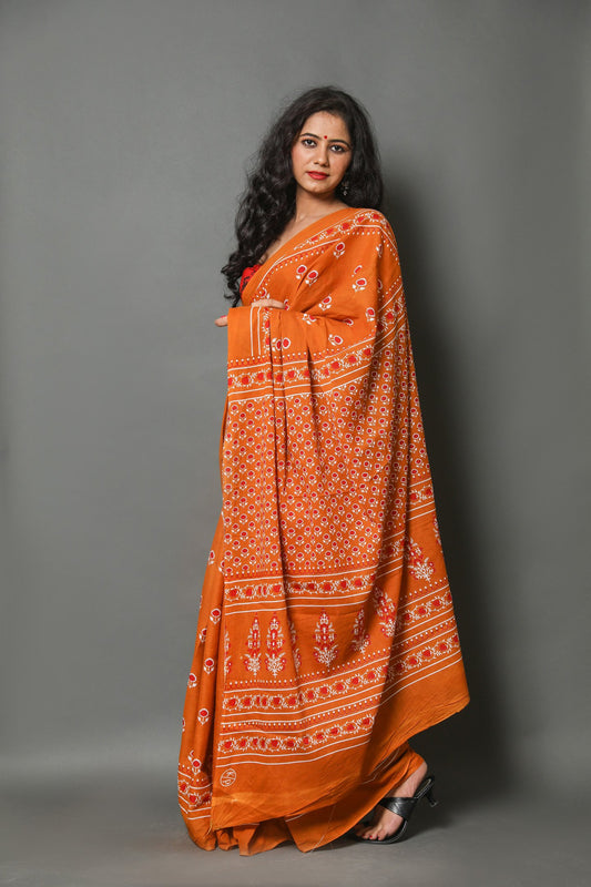 Orange Cotton Mulmul Saree With Blouse Piece