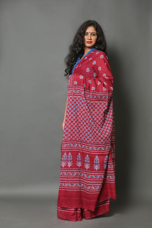 Maroon Buta Cotton Mulmul Saree With Blouse Piece