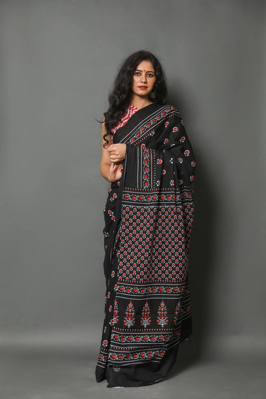 Black Buta Cotton Mulmul Saree With Blouse Piece