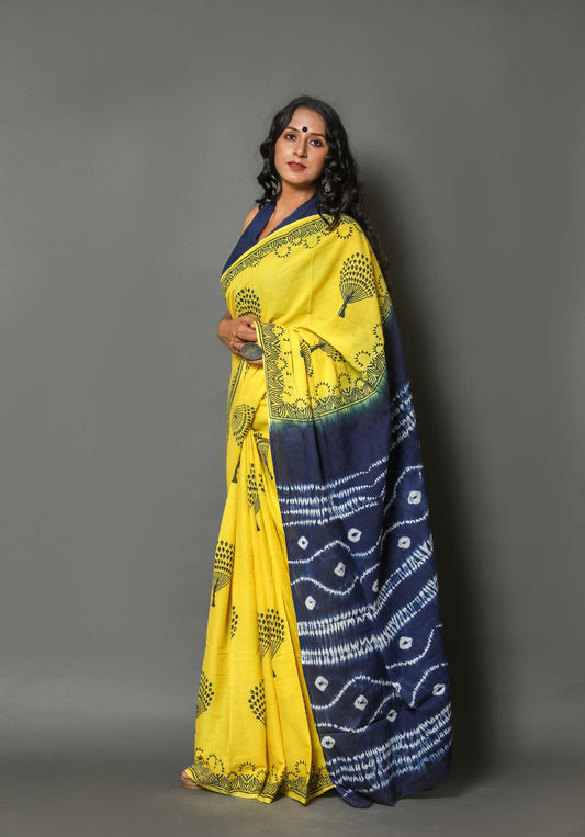 yellow & black Cotton Mulmul Saree With Blouse Piece