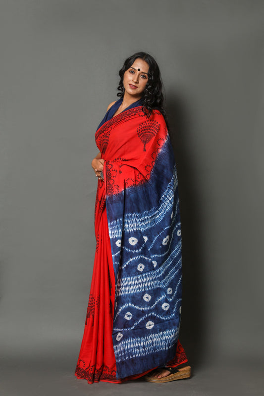 Red & Blue Cotton Mulmul Saree With Blouse Piece