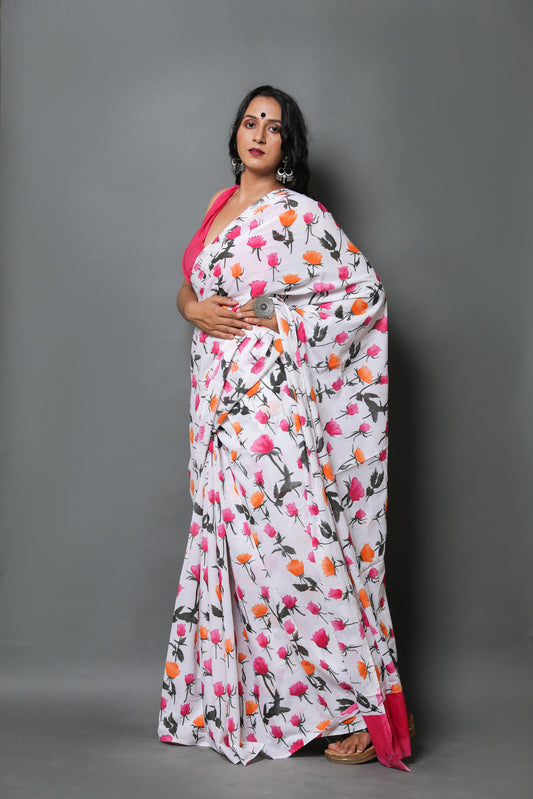 Pink Flower Cotton Mulmul Saree With Blouse Piece