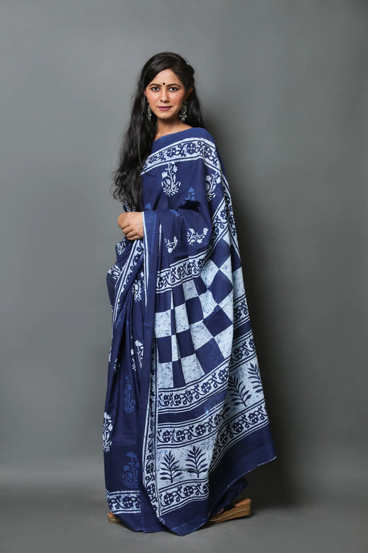 Royal Blue Cotton Mulmul Saree With Blouse Piece