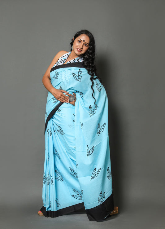 Sky Blue Cotton Mulmul Saree With Blouse Piece