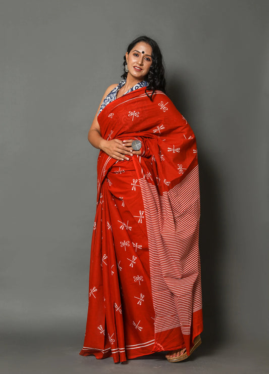 Red buta cotton mulmul saree