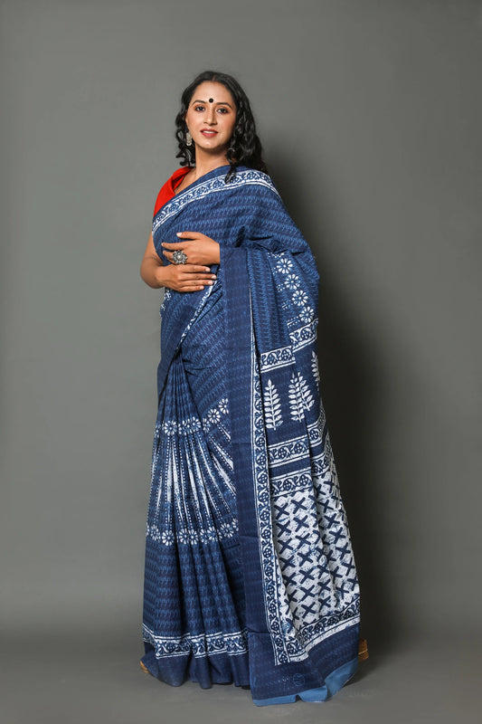 Blue Printed Cotton Mulmul Saree With Blouse Piece