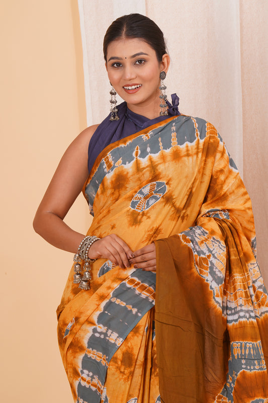 Golden Yellow Cotton Mulmul Saree With Blouse Piece