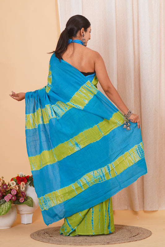 Light Green Cotton Mulmul Saree With Blouse Piece