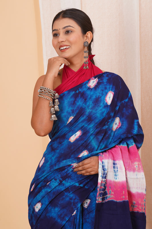 Dark Blue Cotton Mulmul Saree With Blouse Piece