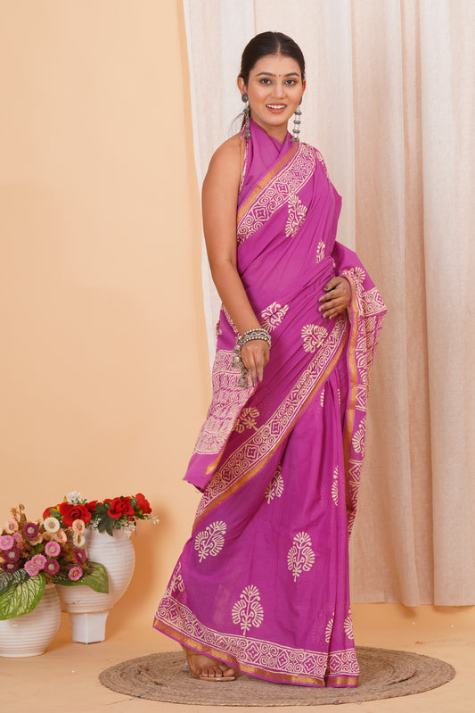 Purple Pure Soft Cotton Mulmul Saree with Zari Border and Blouse Piece – Hand Block Printed with Organic Vegetable Dyes