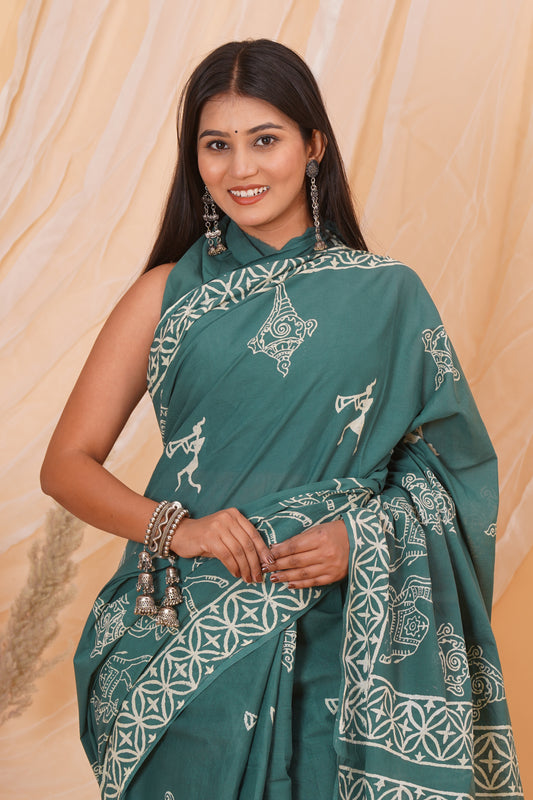 Teal Cotton Mulmul Saree With Blouse Piece