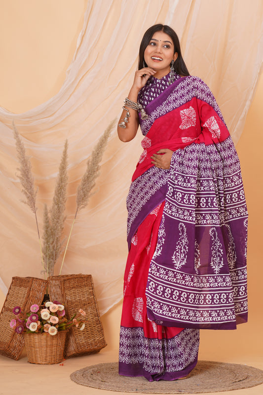 Purple and Red Cotton Mulmul Saree With Blouse Piece