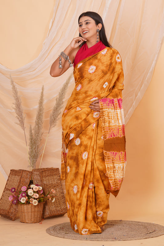 Orange Cotton Mulmul Saree With Blouse Piece