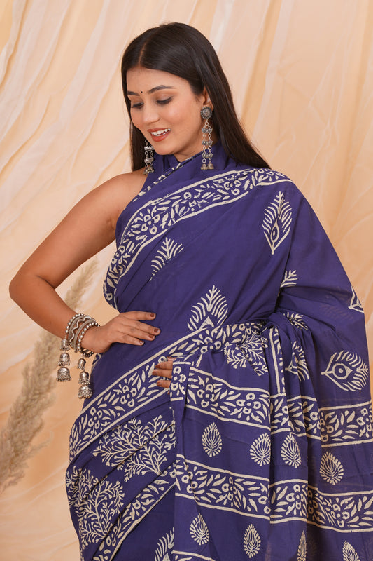 Dark Purple Cotton Mulmul Saree With Blouse Piece