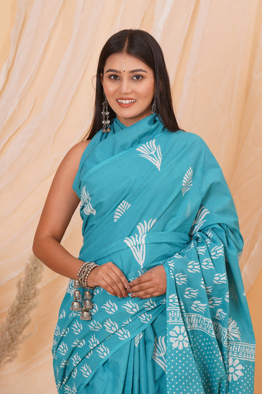 Light Blue Cotton Mulmul Saree With Blouse Piece