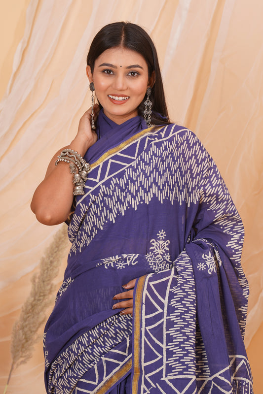Purple Pure Soft Cotton Mulmul Saree with Zari Border and Blouse Piece – Hand Block Printed with Organic Vegetable Dyes