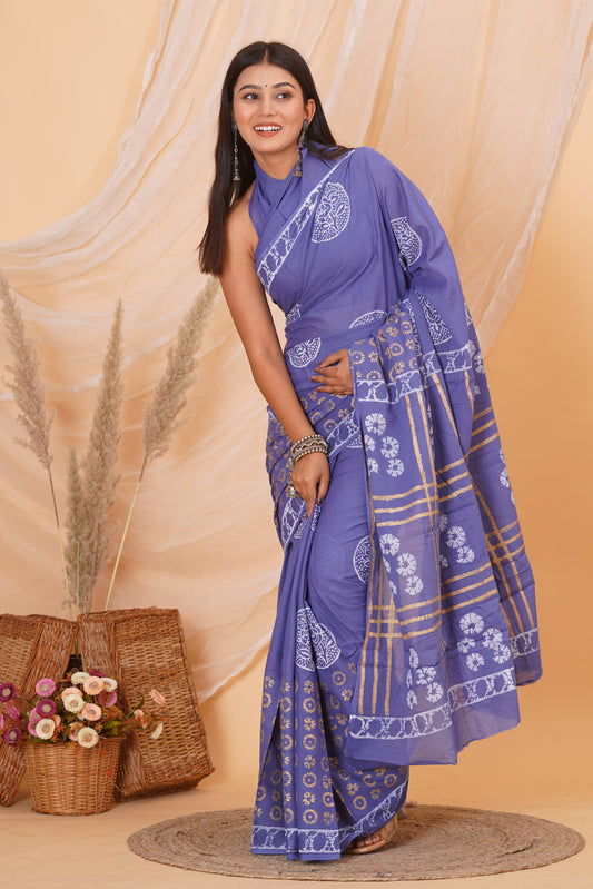 Purple Cotton Mulmul Saree With Blouse Piece