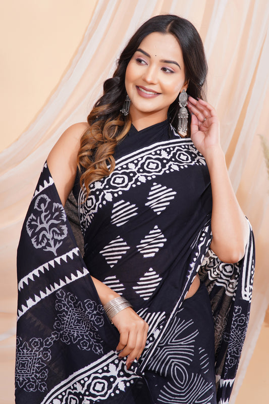 Jaipuri Hand Block Print Pure Soft Cotton Mulmul Saree With Blouse Piece