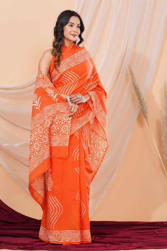 Jaipuri Hand Block Print Pure Soft Cotton Mulmul Saree With Blouse Piece (orange)