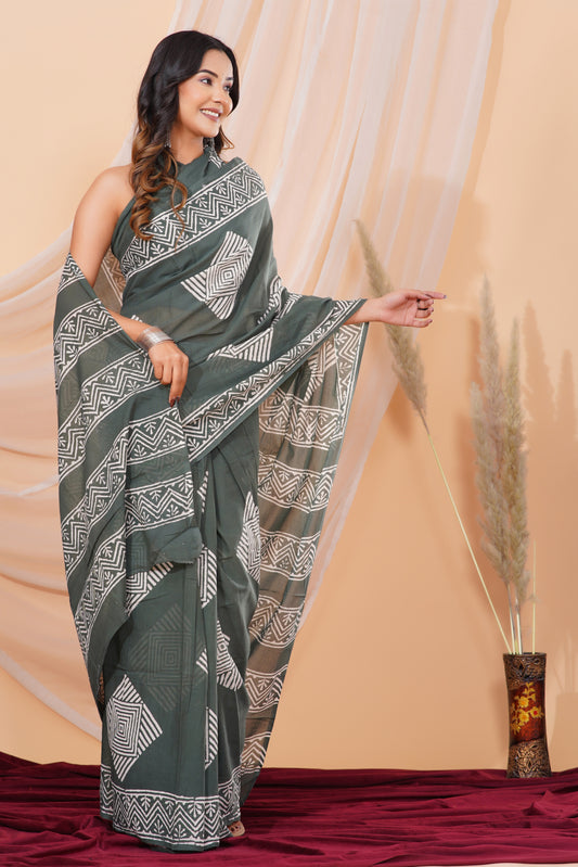 Jaipuri Hand Block Print Pure Soft Cotton Mulmul Saree With Blouse Piece