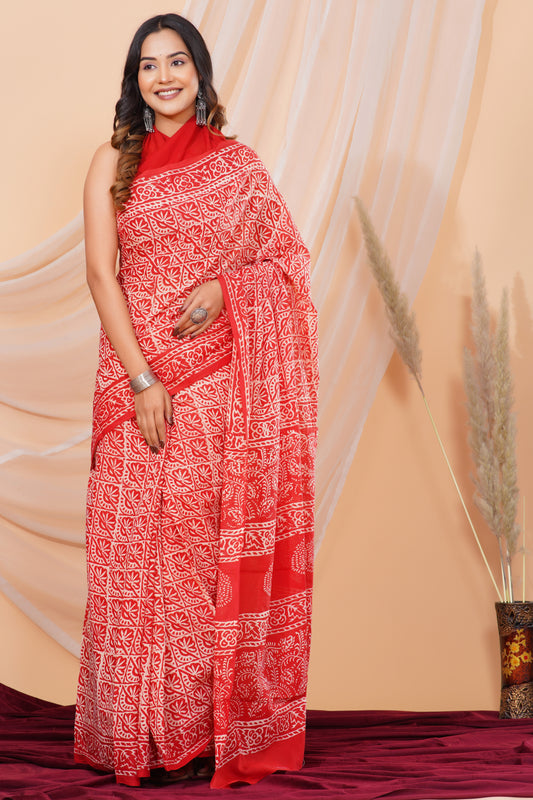 Jaipuri Hand Block Print Pure Soft Cotton Mulmul Saree With Blouse Piece